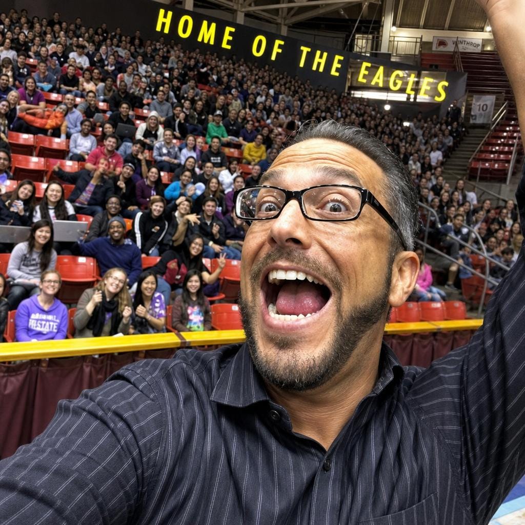 Sam in front of a packed crowd